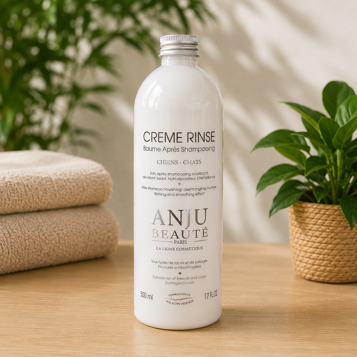 Bouteille de 500 ml de baume après-shampooing Crème Rinse ANJU BEAUTÉ pour chiens et chats, soin nourrissant et démêlant pour le pelage.