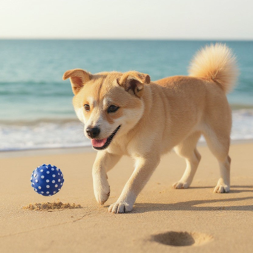 Un chiot Shiba Inu beige s'amusant sur une plage de sable fin avec une petite balle bleue à picots blancs, face à une mer calme.