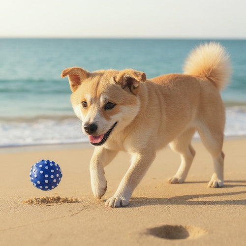 Un chiot Shiba Inu beige s'amusant sur une plage de sable fin avec une petite balle bleue à picots blancs, face à une mer calme.