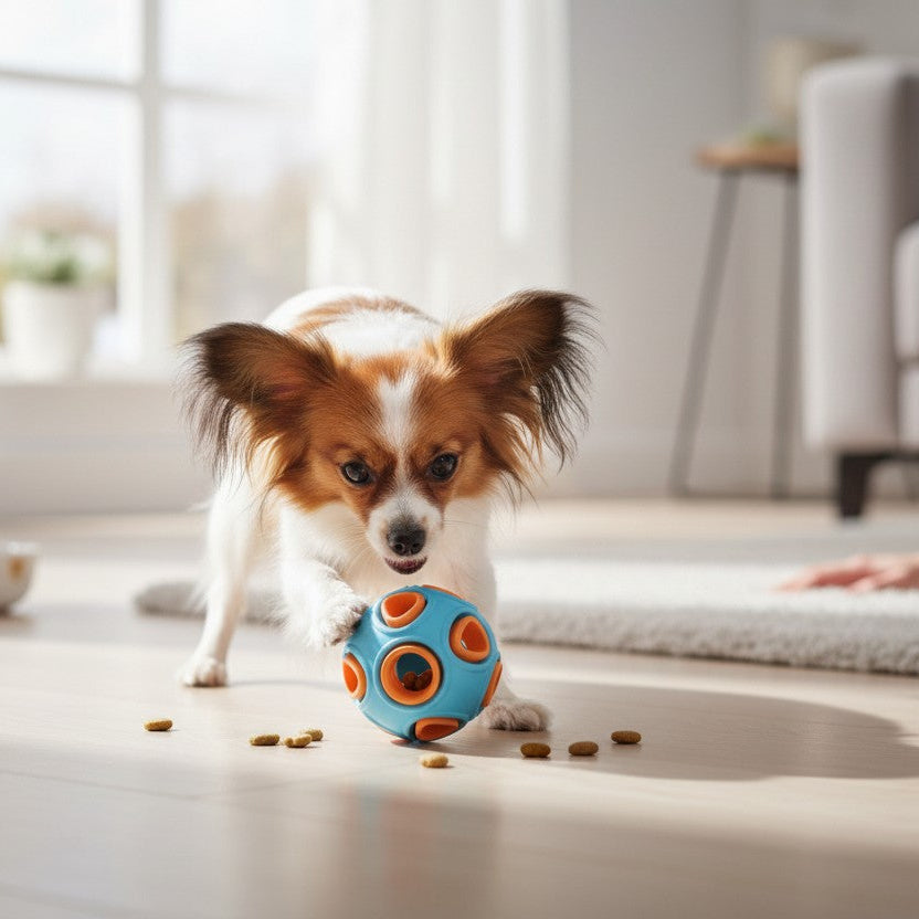 Un petit chien de race Épagneul Papillon joue au sol avec la balle perforée bleu turquoise et orange de la marque Jack and Vanilla. L'animal pousse le jouet avec sa patte avant droite pour faire sortir des croquettes dispersées sur le parquet. La scène se déroule en intérieur dans un espace de vie lumineux, avec un tapis, une gamelle et une personne assise à proximité en arrière-plan.