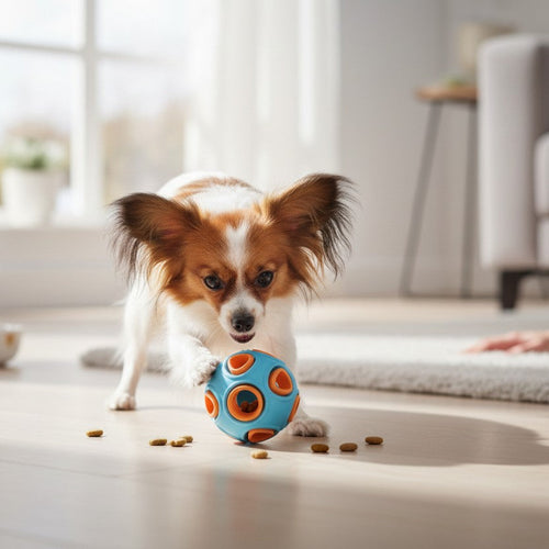 Un petit chien de race Épagneul Papillon joue au sol avec la balle perforée bleu turquoise et orange de la marque Jack and Vanilla. L'animal pousse le jouet avec sa patte avant droite pour faire sortir des croquettes dispersées sur le parquet. La scène se déroule en intérieur dans un espace de vie lumineux, avec un tapis, une gamelle et une personne assise à proximité en arrière-plan.
