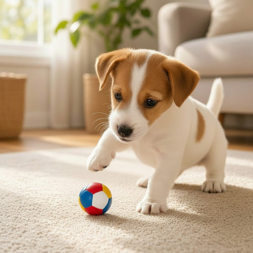 Un chiot de type Jack Russell blanc et marron joue avec une petite balle multicolore en intérieur. Le chiot est en mouvement sur un tapis beige clair, une patte avant levée au-dessus de la balle. L'arrière-plan, lumineux et chaleureux, montre un salon flou avec un canapé et des plantes vertes.