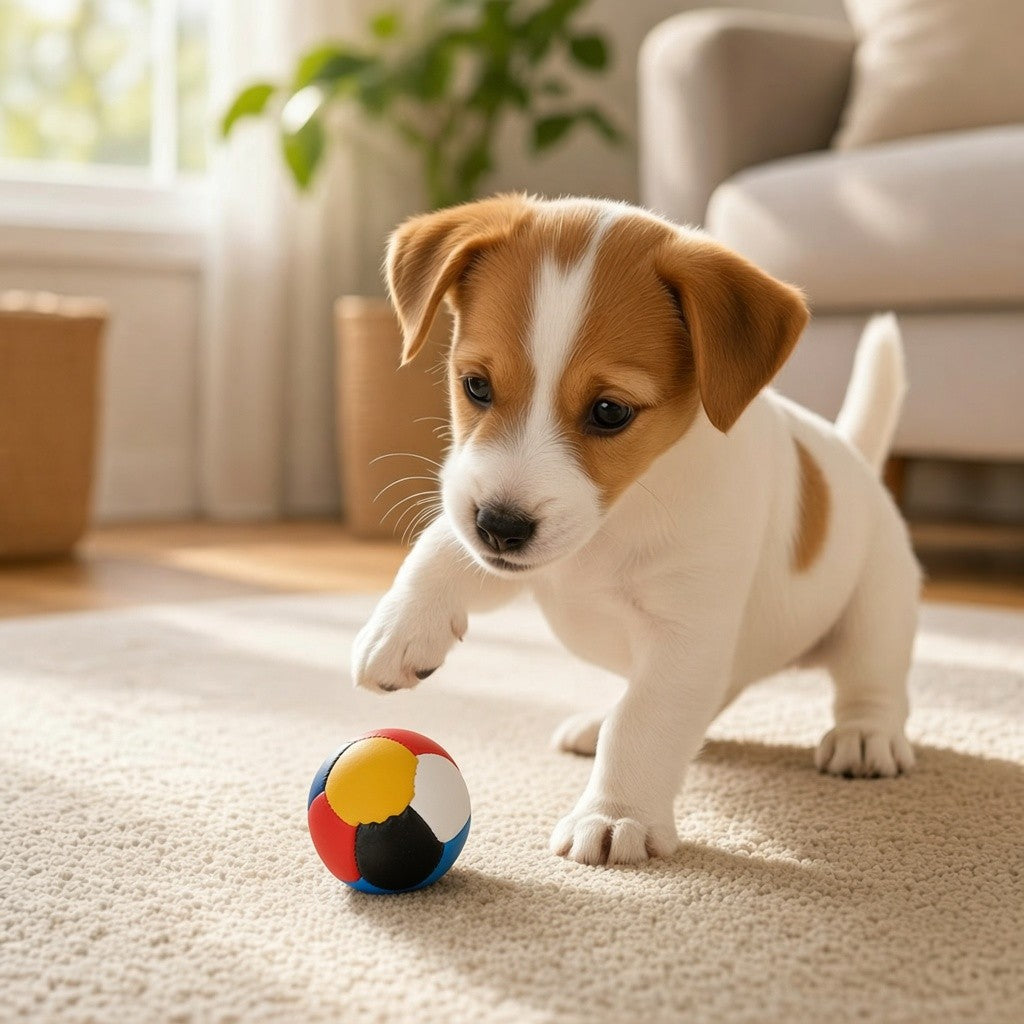 Un chiot de type Jack Russell blanc et marron joue avec une petite balle multicolore en intérieur. Le chiot est en mouvement sur un tapis beige clair, une patte avant levée au-dessus de la balle. L'arrière-plan, lumineux et chaleureux, montre un salon flou avec un canapé et des plantes vertes.