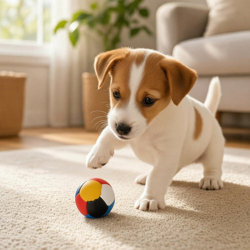 Un chiot de type Jack Russell blanc et marron joue avec une petite balle multicolore en intérieur. Le chiot est en mouvement sur un tapis beige clair, une patte avant levée au-dessus de la balle. L'arrière-plan, lumineux et chaleureux, montre un salon flou avec un canapé et des plantes vertes.
