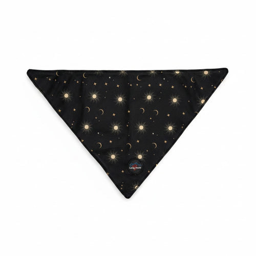 Bandana triangulaire noir LONG PAWS pour petit chien, taille S, décoré de motifs dorés représentant des lunes, des soleils et des étoiles.