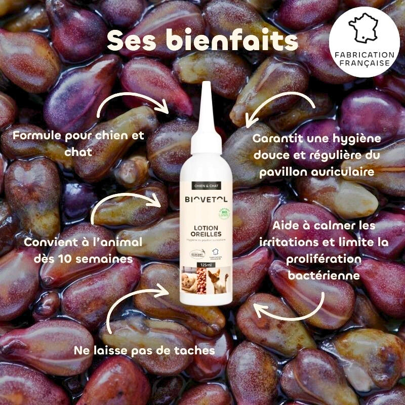 Flacon de lotion oreilles Biovetol 125 ml sur fond de pépins de raisin, avec ses bienfaits : formule chien et chat, dès 10 semaines, hygiène douce du pavillon auriculaire, ne laisse pas de taches