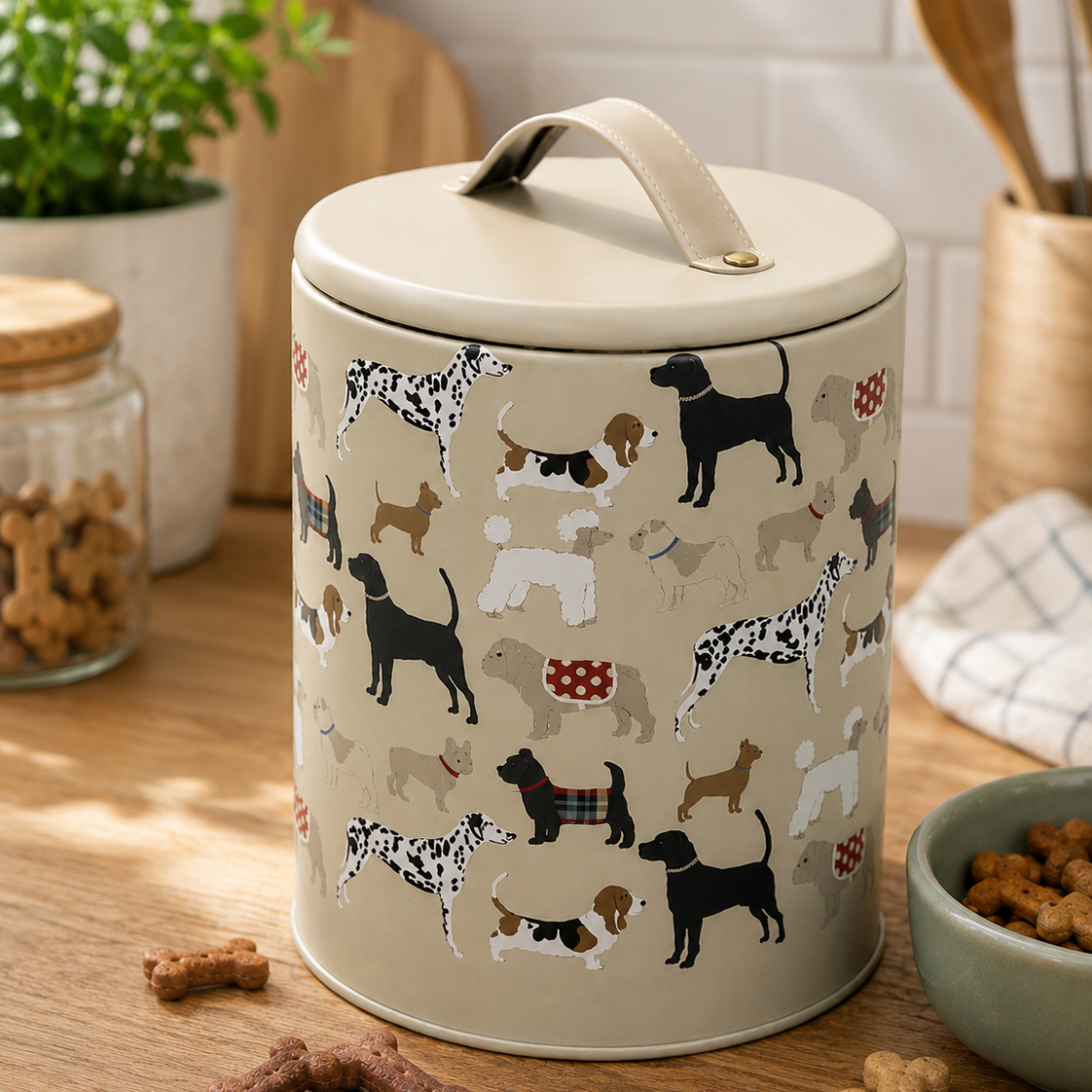 Boîte à friandises pour chien beige décorée de différentes races de chiens, posée dans une cuisine avec des biscuits en forme d’os.