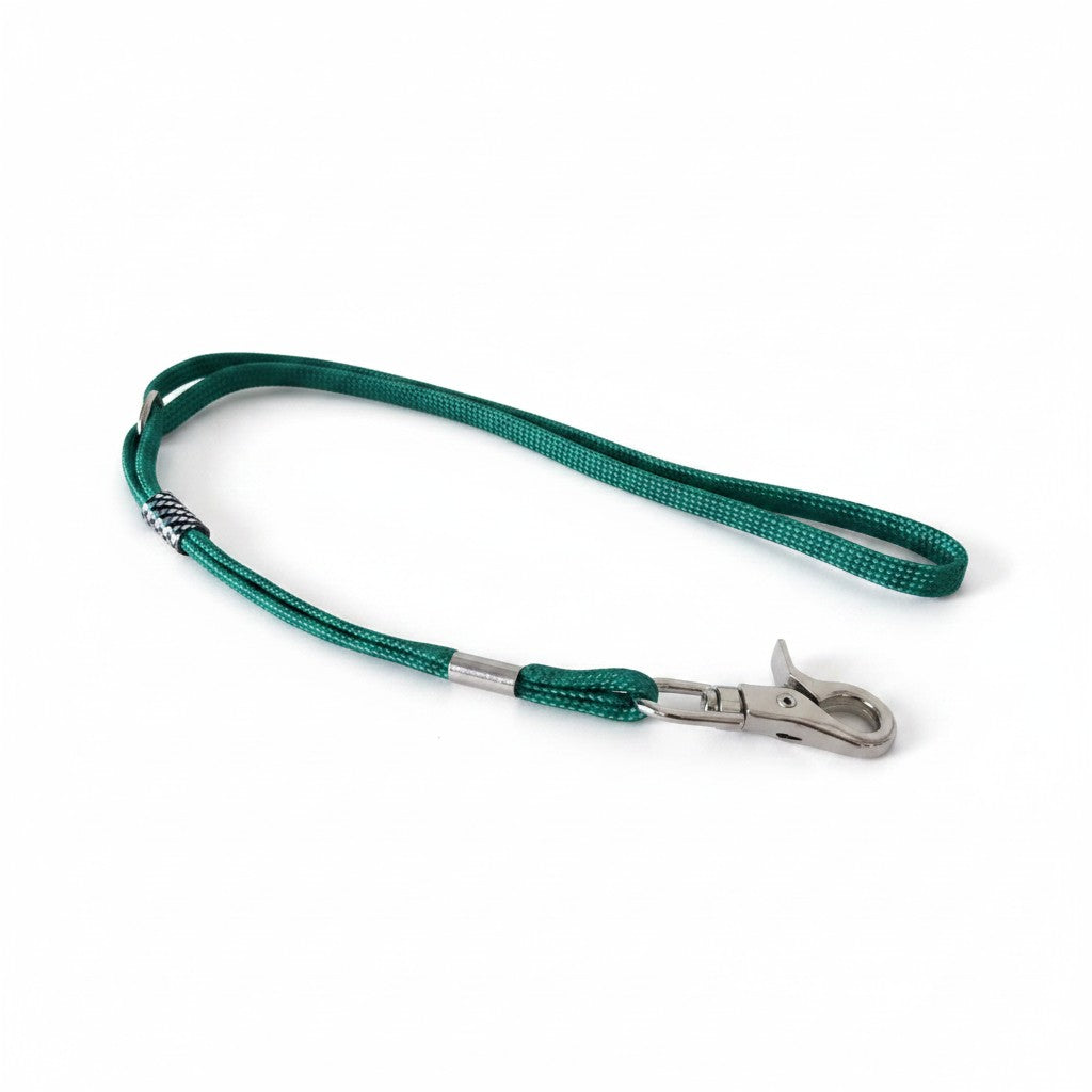 Boucle de toilettage verte en corde tressée avec boucle réglable et mousqueton métallique pour fixation sur une potence.