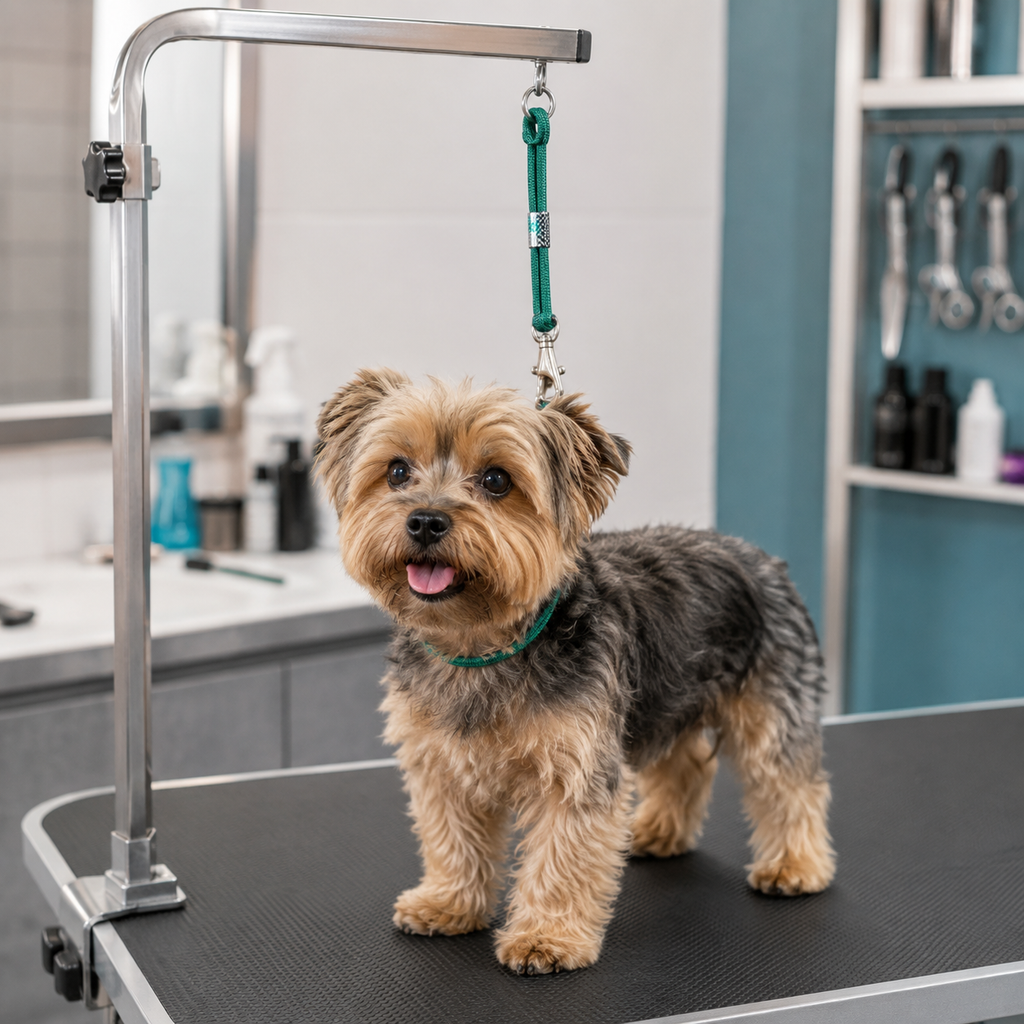 Petit chien installé sur une table de toilettage avec une boucle verte fixée à la potence de maintien.