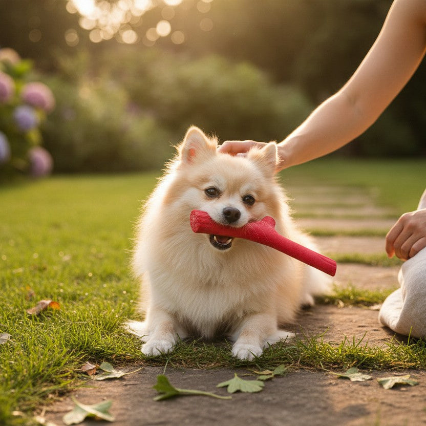 Un petit chien de type Spitz Allemand beige clair est couché sur un chemin pavé dans un jardin, tenant fièrement dans sa gueule le bâton de jeu rouge Tuttomio de Bama Pet. Une femme portant une robe beige est assise à côté de lui et le caresse. L'arrière-plan ensoleillé et flouté dévoile une pelouse verte et un massif d'hortensias violets.