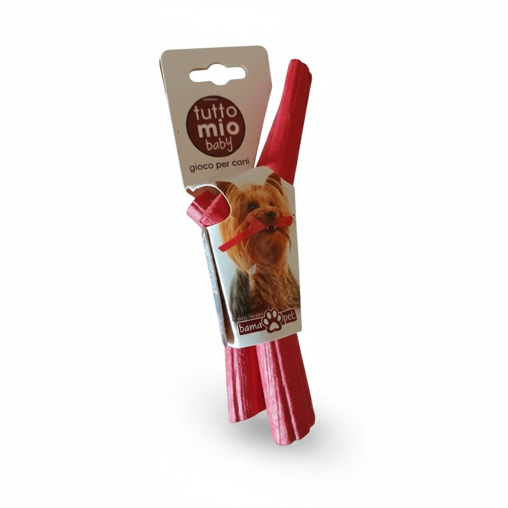 Branche à mâcher rouge Tutto Mio Baby BAMA PET pour petit chien et chiot, présentée dans son emballage.