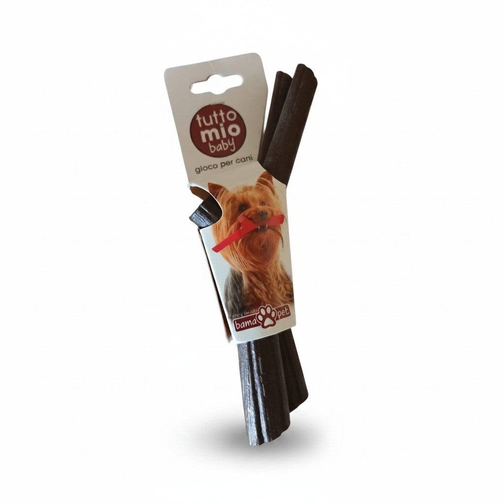 Branche à mâcher marron Tutto Mio Baby BAMA PET pour petit chien et chiot, présentée dans son emballage.