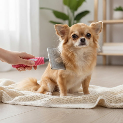 Petit chien Chihuahua à poils longs assis sur une couverture pendant que son pelage est brossé avec une carde rose à picots métalliques