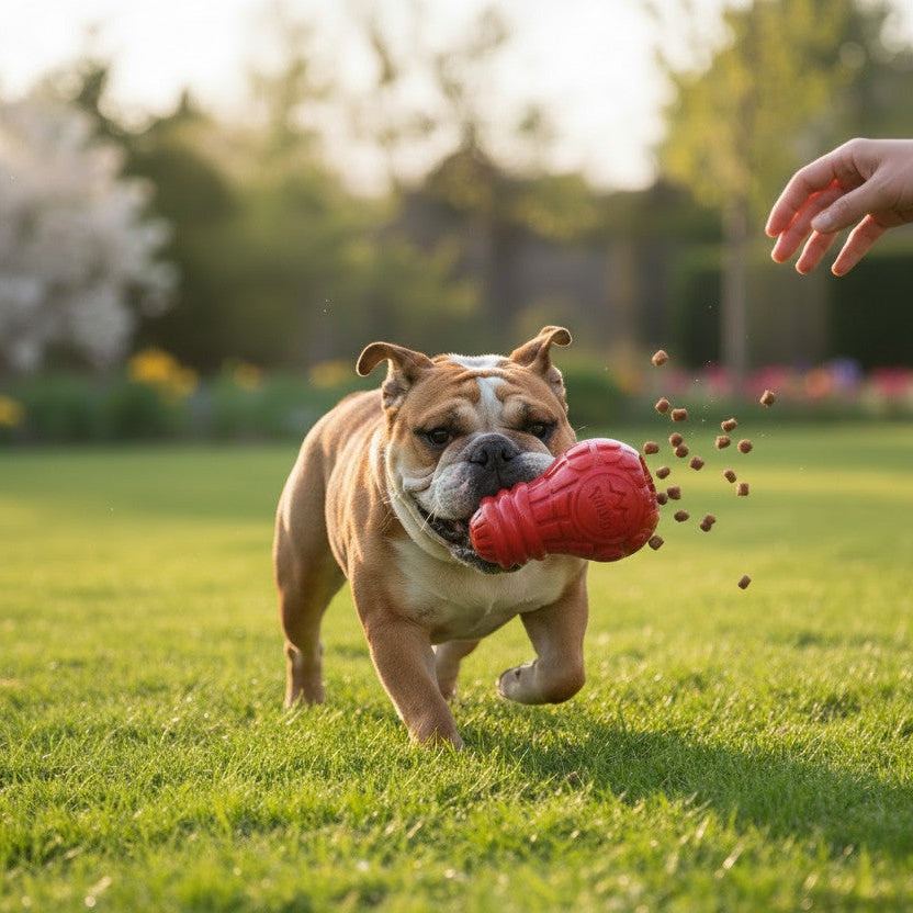 Chien Bouledogue Anglais marron et blanc courant sur une pelouse verte, tenant fermement dans sa gueule le jouet d'occupation rouge vif GiGwi. De petites croquettes marron s'éjectent en l'air à travers les ouvertures du jouet en mouvement. À droite, une main humaine est tendue. L'arrière-plan extérieur est un grand jardin ensoleillé et flouté.