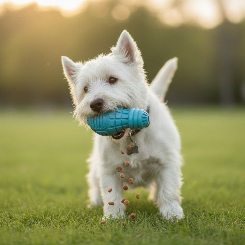 Chien West Highland White Terrier (Westie) blanc debout sur une pelouse verte, tenant horizontalement dans sa gueule le jouet d'occupation bleu turquoise GiGwi. De petites croquettes marron s'échappent et tombent de l'ouverture du jouet vers le sol. L'arrière-plan extérieur est flouté avec des arbres sous une lumière dorée de fin de journée.