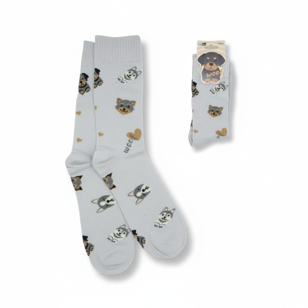 Paire de chaussettes gris clair avec motifs têtes de chiens husky yorkshire et inscription woof et coeur beige chaussettes cadeau chien