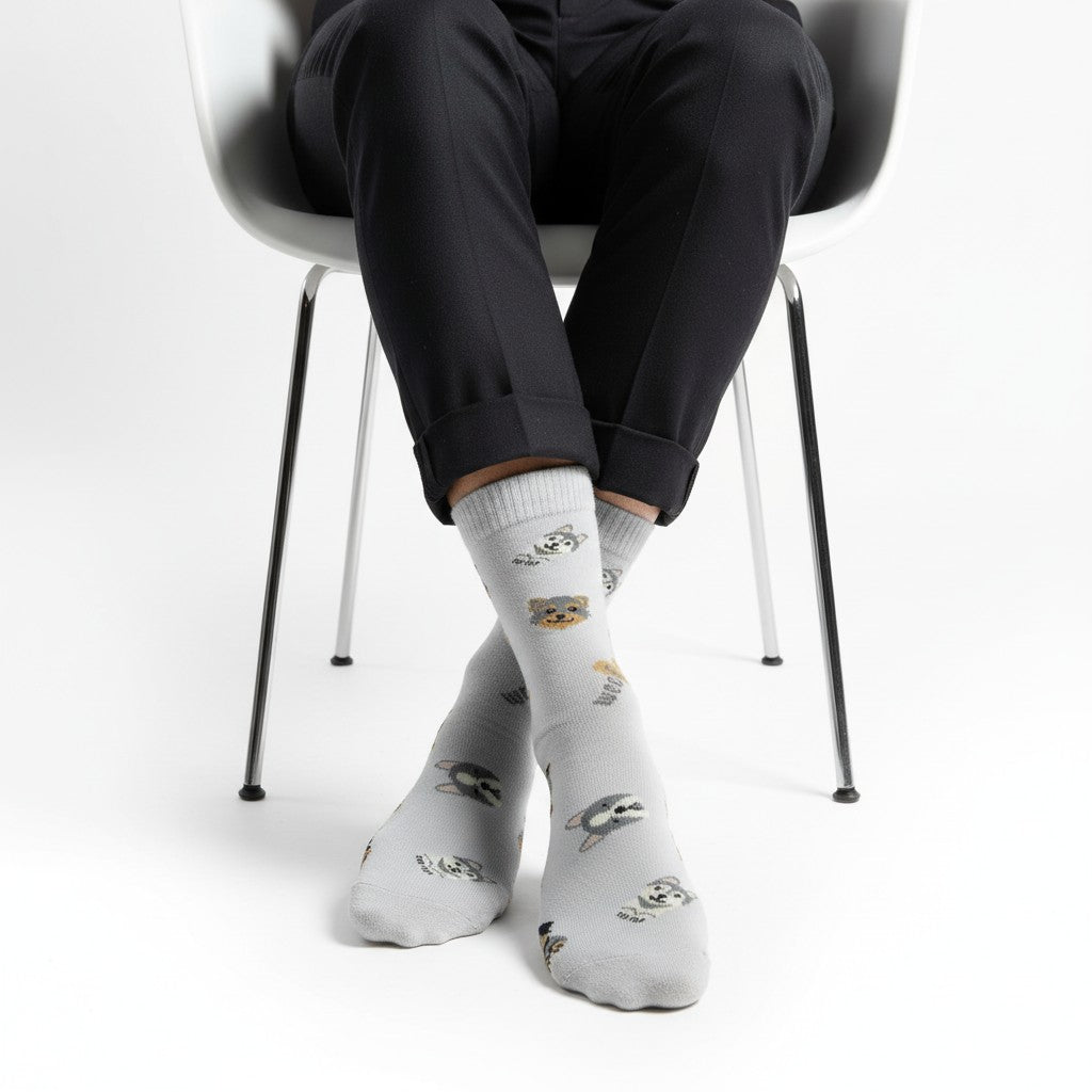 Chaussettes grises motifs chiens kawaii portées sur chaise blanche avec pantalon noir chaussettes fantaisie woof pour amoureux des chiens