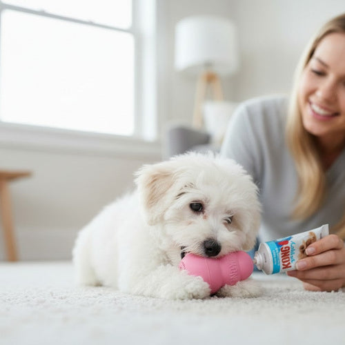 Un petit chiot blanc couché sur un tapis beige mordille le jouet d'occupation KONG en caoutchouc rose. À ses côtés, une femme blonde souriante insère de la pâte appétissante directement à l'intérieur du jouet à l'aide d'un tube de crème de la marque KONG. L'arrière-plan lumineux montre un salon épuré.