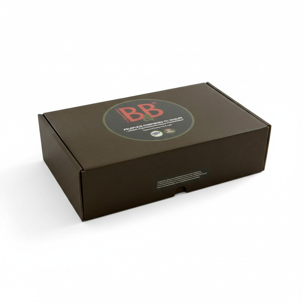 Boîte cadeau rectangulaire marron foncé avec étiquette ronde "B&B", coffret de soin pelage pour chiot