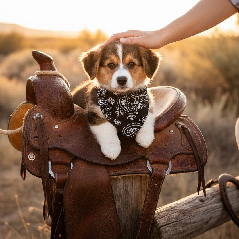 Petit chien portant un collier bandana noir à motifs Paisley blancs dans une mise en scène de style western avec une selle.