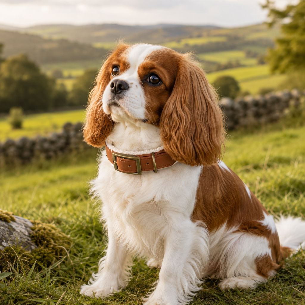 Chien Cavalier King Charles assis dans un champ, portant le collier en cuir marron doublé de fourrure blanche.