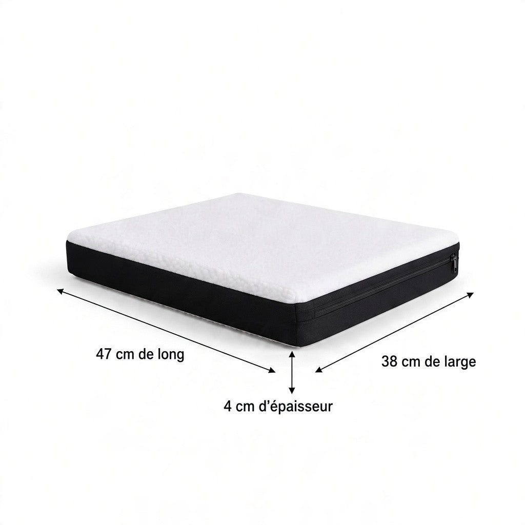 Dimensions du coussin mémoire de forme pour animaux : 47 cm de long, 38 cm de large et 4 cm d’épaisseur