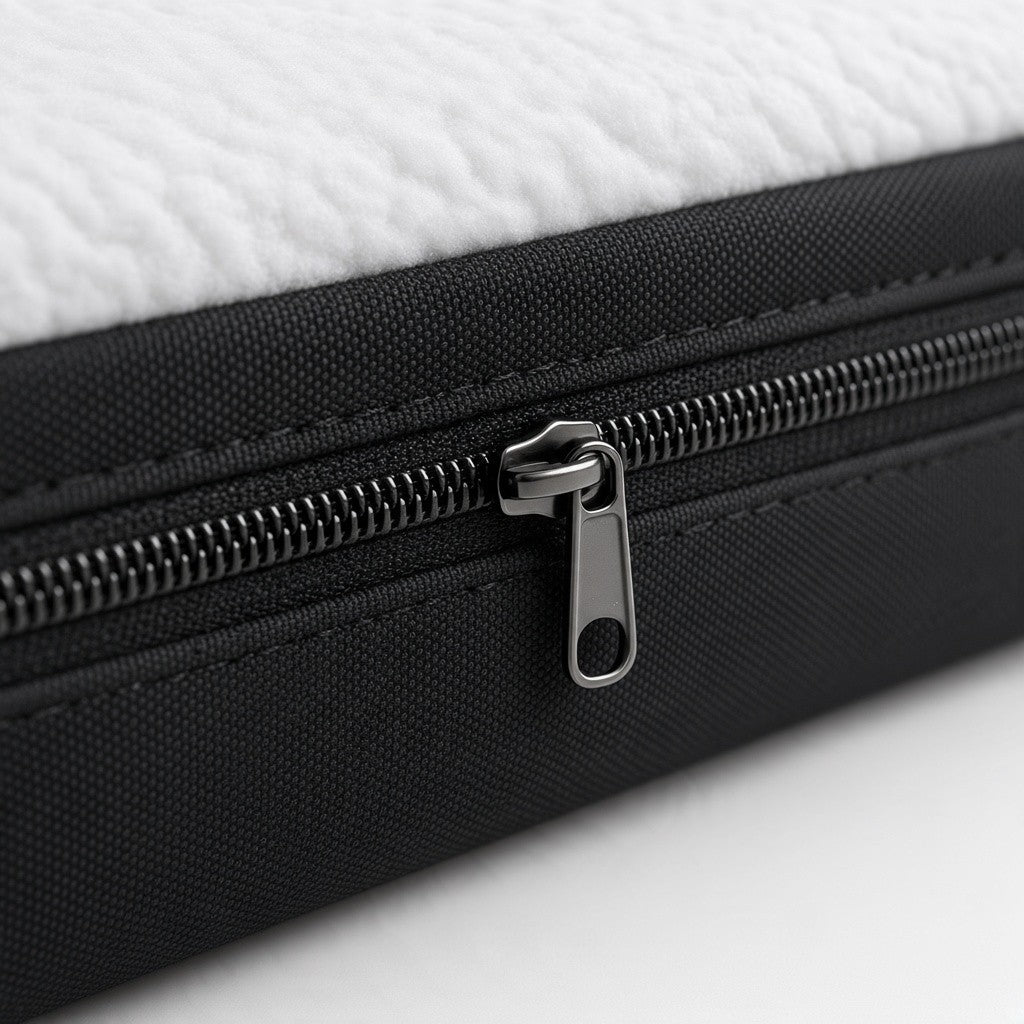 Gros plan sur la fermeture zippée de la housse noire du coussin pour animaux, avec dessus en peluche blanche