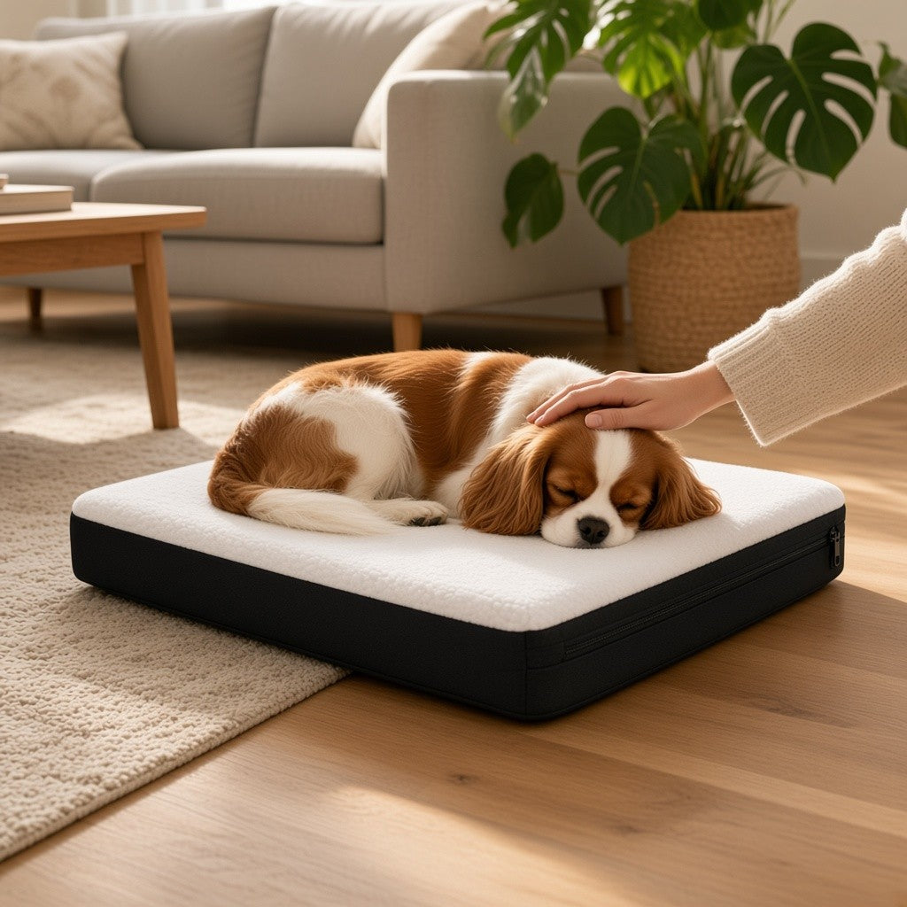 Chien Cavalier King Charles endormi sur un coussin mémoire de forme à housse peluche blanche, posé au sol dans un salon