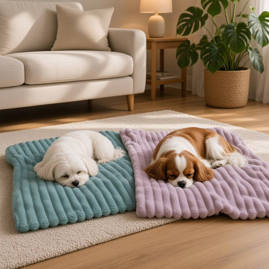 Un chien blanc de race bichon et un chien Cavalier King Charles marron et blanc dorment paisiblement côte à côte dans un salon lumineux. Le premier est allongé sur un plaid cannelé bleu aqua et le second sur un plaid similaire de couleur rose poudré.