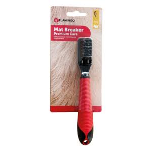 Démêloir coupe-nœuds pour chien muni de lames métalliques courbées et d'un manche ergonomique antidérapant rouge et noir.