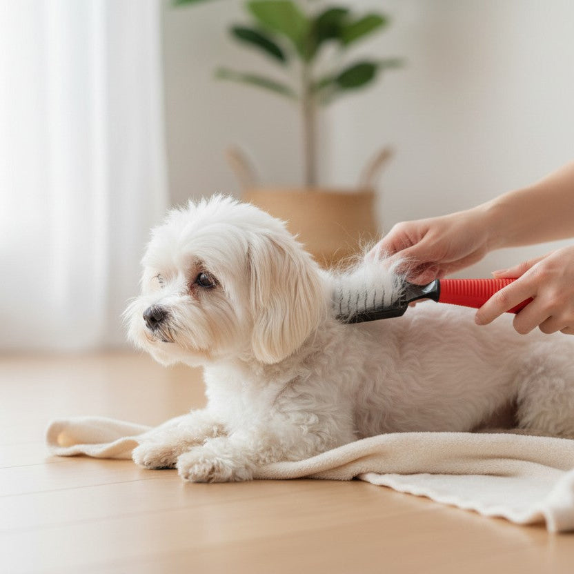 Petit chien blanc à poils longs allongé sur une couverture pendant que son pelage est démêlé avec un démêloir rouge et noir.