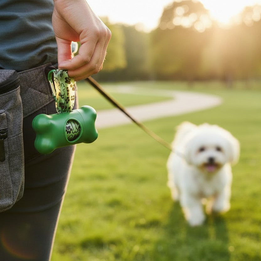 Distributeur vert de sacs à déjections en forme d’os accroché à une pochette de promenade, utilisé lors d’une balade avec un petit chien blanc.