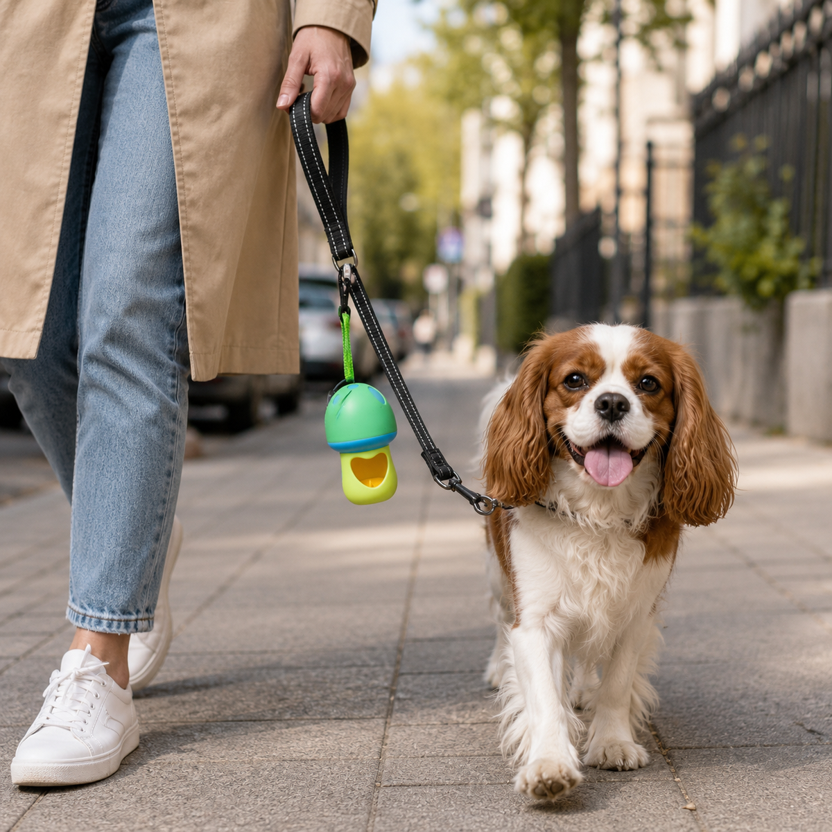 Chien Cavalier King Charles marchant en laisse sur un trottoir en ville à côté de son maître, avec un distributeur de sacs en forme de champignon tricolore suspendu à la laisse.