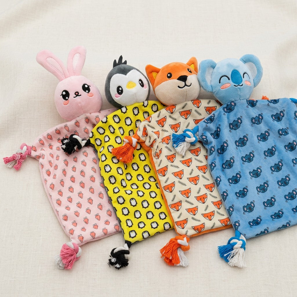 Quatre doudous plats en peluche pour chien alignés côte à côte. De gauche à droite : un lapin rose à motifs carottes, un pingouin gris à motifs pingouins sur fond jaune, un renard orange à motifs têtes de renard sur fond crème, et un koala bleu à motifs koalas. Chaque doudou carré possède un nœud en corde bicolore tressée à ses quatre coins.