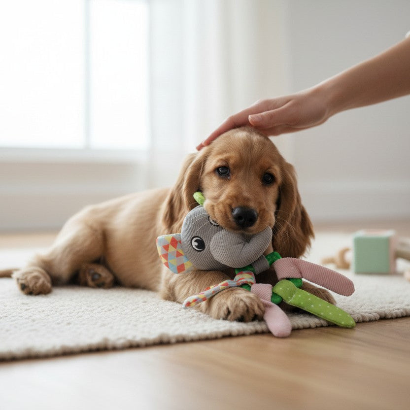 Un jeune chiot Cocker Spaniel au pelage doré est couché sur un tapis beige clair, serrant affectueusement dans sa gueule le jouet d'éveil éléphant multicolore Jack and Vanilla. Une main humaine caresse doucement le sommet de sa tête. En arrière-plan flouté et lumineux, le sol en parquet et une grande fenêtre créent une atmosphère douce et épurée.