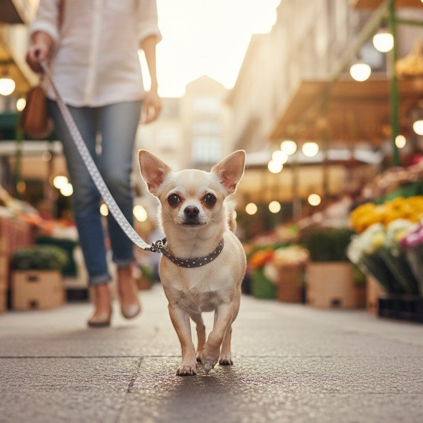 Un Chihuahua à poil court et de couleur beige marche vers l'avant, au centre d'une allée pavée. Il porte le collier gris à pois blancs et la laisse assortie. En arrière-plan, la silhouette floutée d'une personne en chemise blanche et jean bleu le guide en tenant la laisse. La scène se déroule en extérieur dans un marché de rue animé, avec des étals de fleurs colorées et des guirlandes lumineuses chaleureuses qui créent un effet de flou artistique à l'arrière-plan.