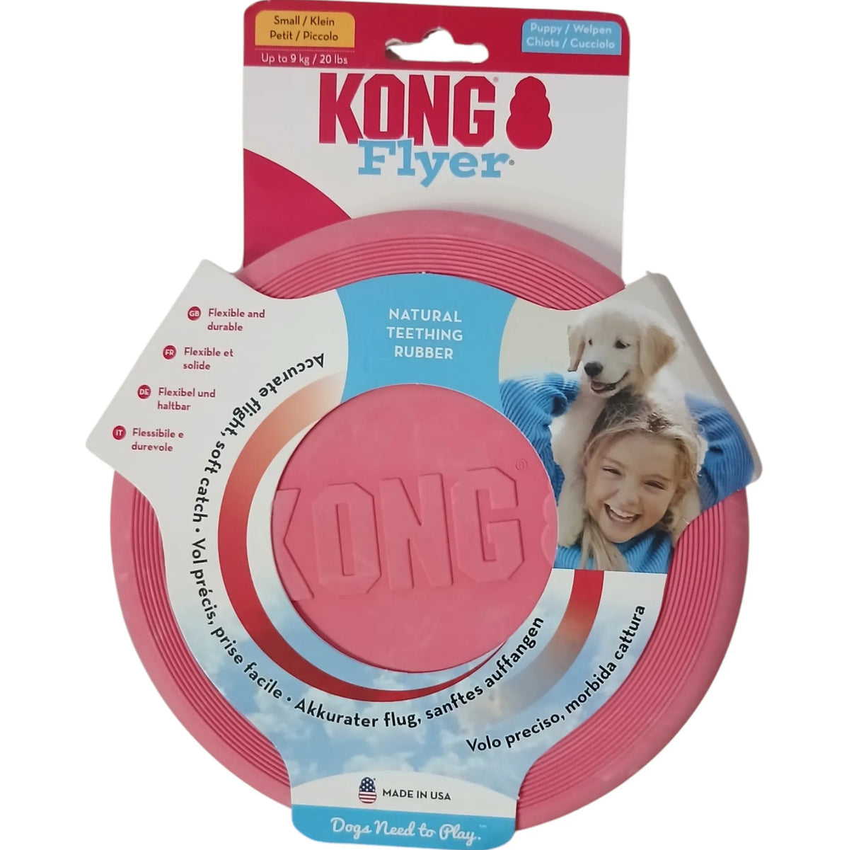 Frisbee KONG Flyer Puppy rose en caoutchouc naturel pour chiots et petits chiens jusqu'à 9 kg, présenté dans son emballage d'origine avec la mention KONG Flyer et un visuel d'un chiot jouant avec son propriétaire.
