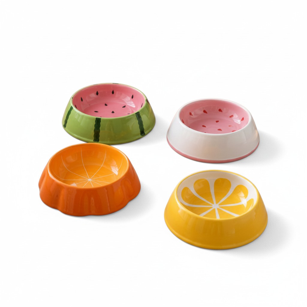 Quatre gamelles en céramique aux motifs fruités — pastèque verte et rose, fraise rosé et blanc, orange et citron jaune — posées côte à côte