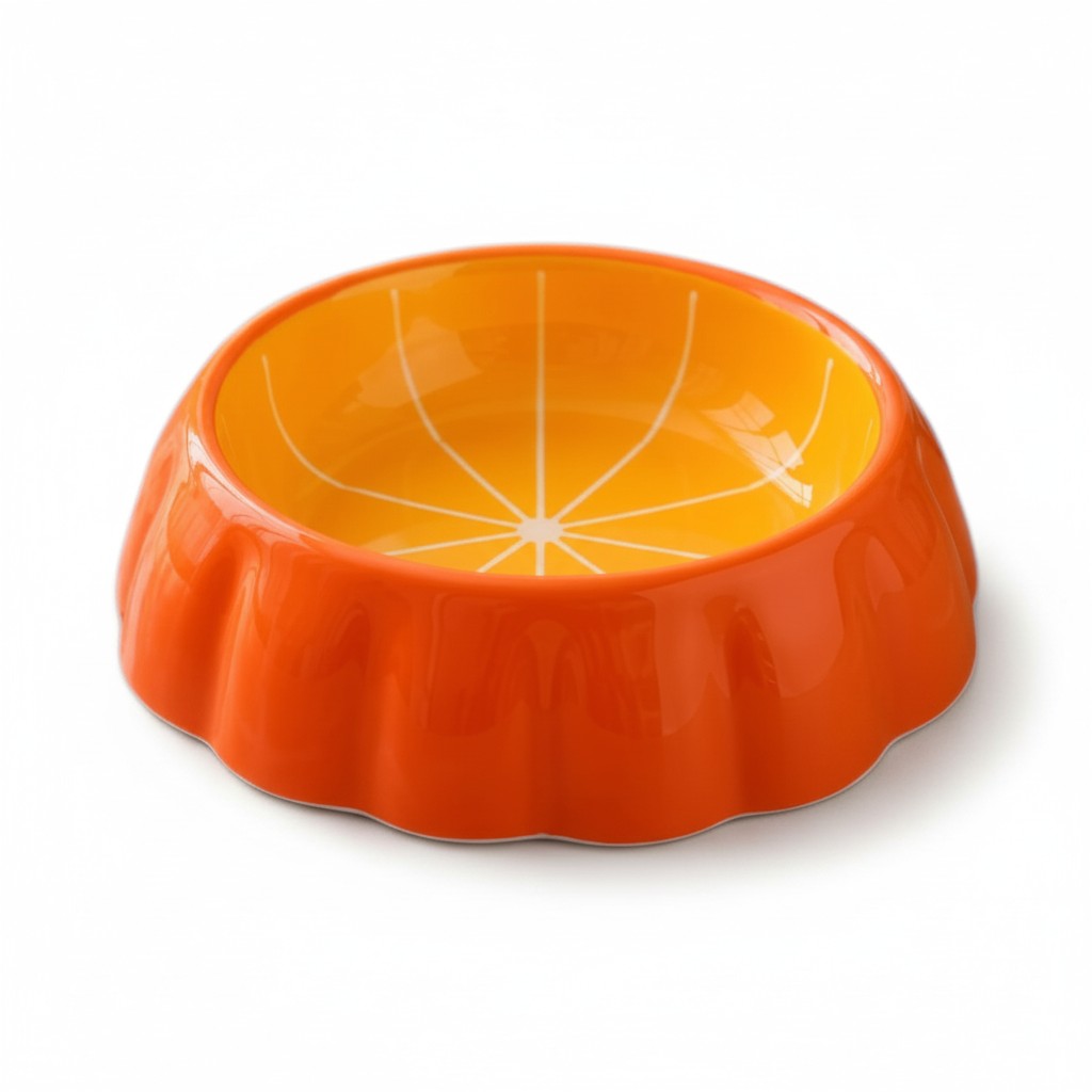 Gamelle en céramique orange avec intérieur jaune orangé et motif de quartiers d'orange, bordure extérieure ondulée
