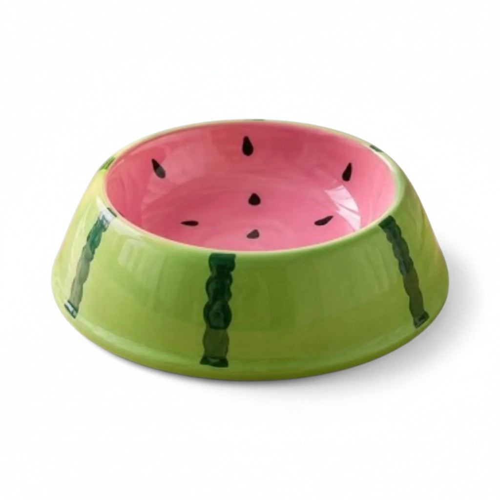 Gamelle en céramique verte à rayures façon écorce de pastèque, intérieur rose avec pépins noirs peints