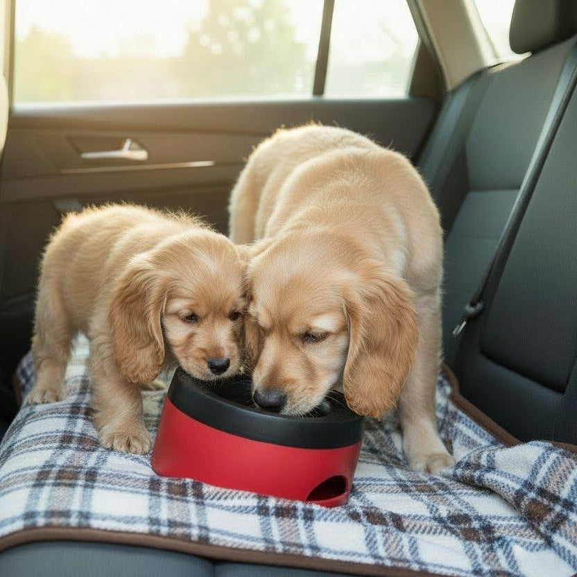 Deux petits chiens buvant dans une gamelle d’eau de voyage rouge et noire anti-débordement installée sur la banquette arrière d’une voiture.
