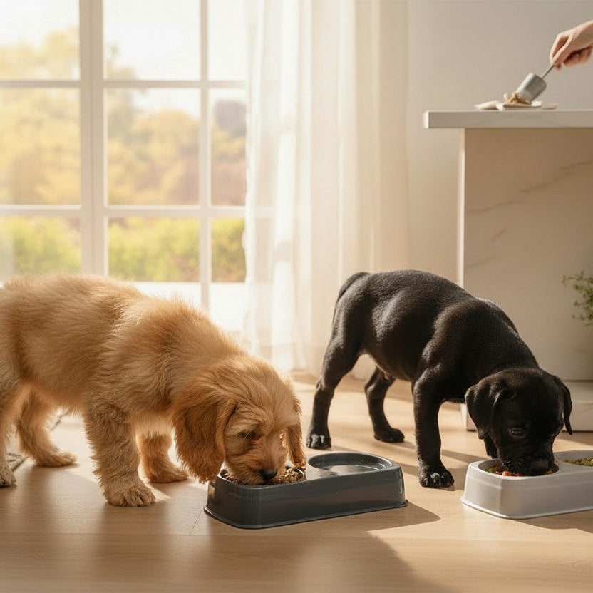 Deux chiots mangeant dans des gamelles doubles pour chien installées au sol dans une cuisine lumineuse.