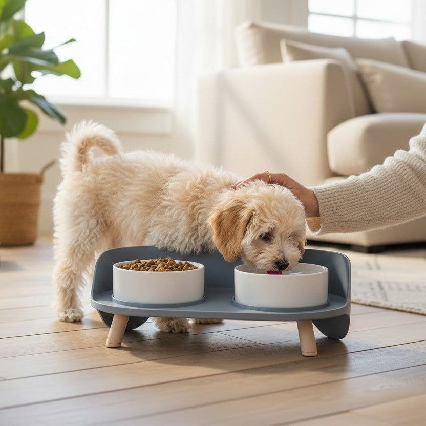 Petit chien utilisant une gamelle double surélevée TIAKI avec deux bols pour l’eau et les croquettes dans un intérieur lumineux.