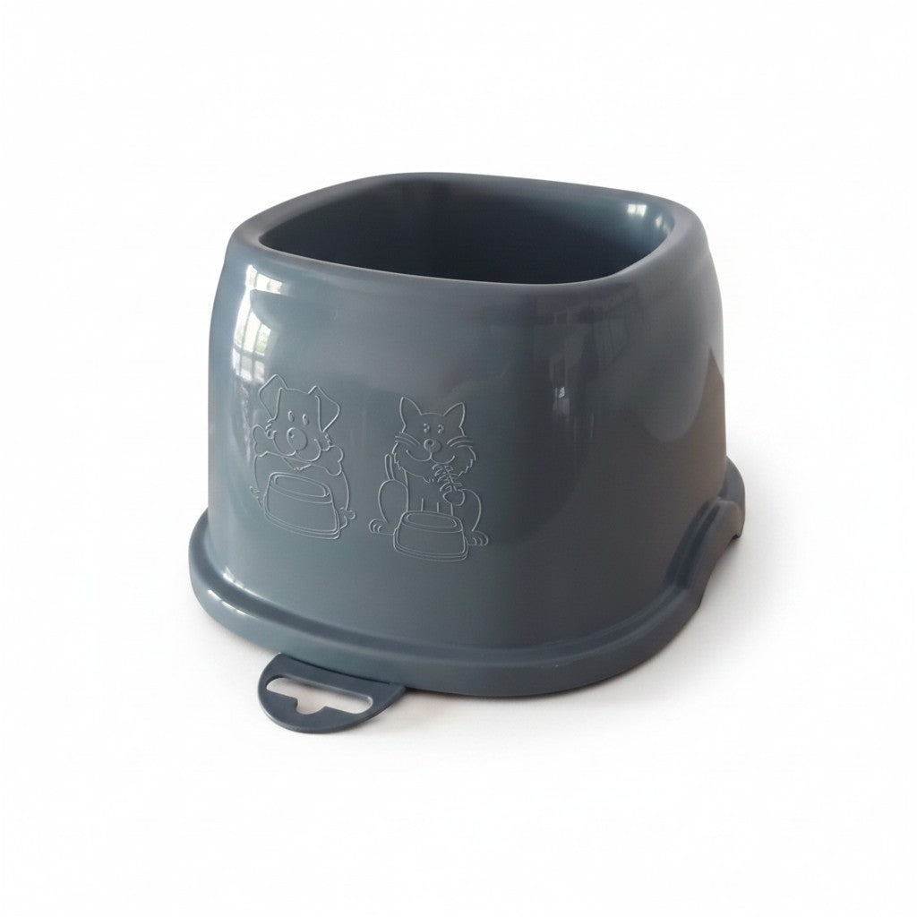Gamelle haute grise ZOLUX pour chien avec rebords surélevés et motifs représentant un chien et un chat devant leurs gamelles.