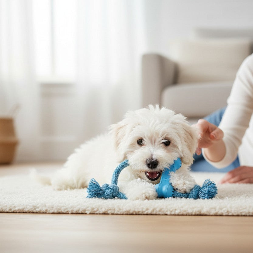 Un petit chiot blanc couché sur un tapis beige à poils courts mâchouille l'os en caoutchouc bleu KONG Puppy Goodie Bone. À ses côtés, une femme blonde souriante est allongée sur le côté et interagit doucement avec lui. L'arrière-plan lumineux montre un salon avec un canapé gris et un panier en osier.