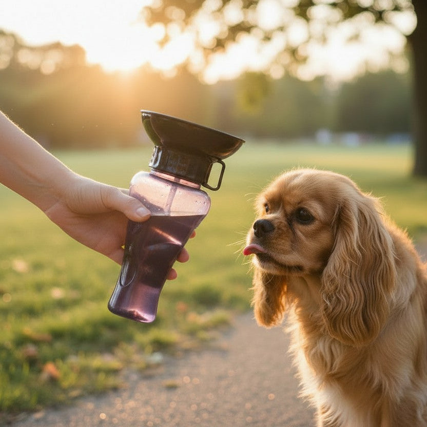 Main tenant une gourde de voyage noire avec écuelle intégrée pour un chien Cavalier King Charles qui lèche ses babines dans un parc au coucher du soleil.