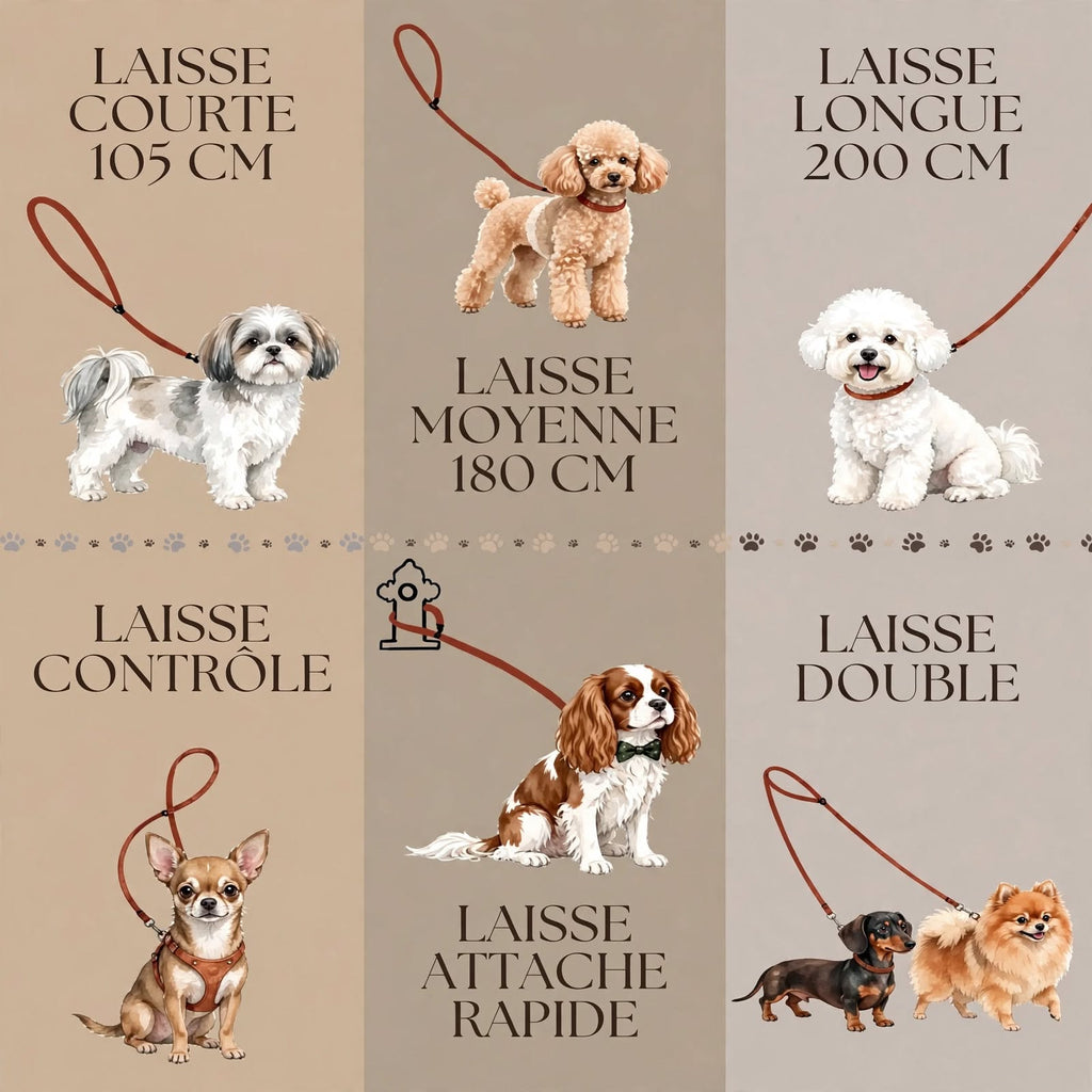 Infographie Arya & Co des 6 utilisations de la laisse multifonctionnelle pour petit chien - Laisse courte 105cm avec Shih Tzu, moyenne 180cm avec Caniche toy abricot, longue 200cm avec Bichon, controle avec Chihuahua, attache rapide avec Cavalier King Charles attache a une borne, double avec Teckel et Spitz Pomeranian - guide laisse chien