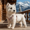 Petit West Highland White Terrier portant un harnais rouge et écru à motifs Arlequin sur la terrasse en bois d’un chalet à la montagne.