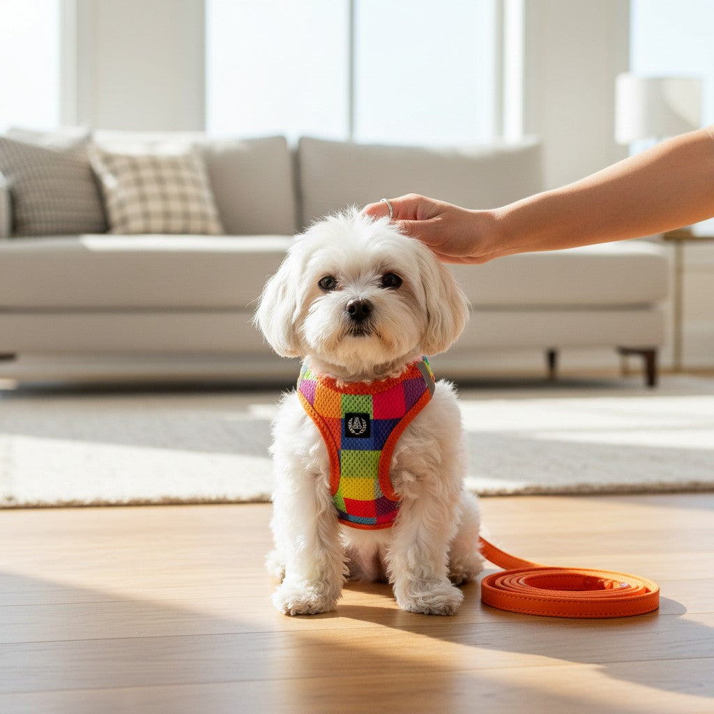 Un petit bichon maltais, est assis sur un parquet en bois clair dans un salon lumineux. Il porte un harnais coloré à motifs de carreaux orange, roses et verts, relié à une laisse orange posée au sol. Une main humaine caresse doucement le dessus de sa tête. En arrière-plan, un canapé beige avec des coussins clairs est visible dans un décor moderne et épuré.
