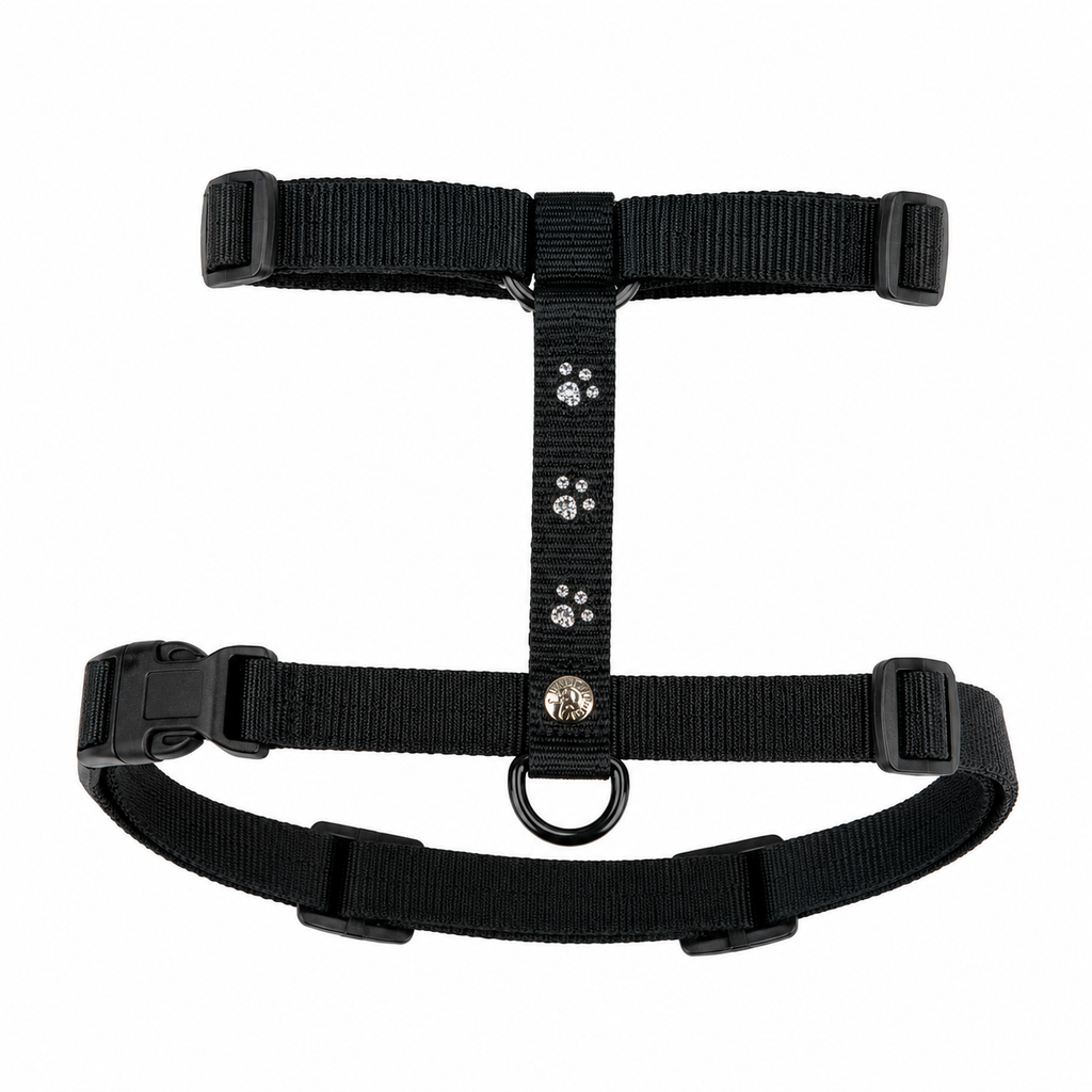 Harnais noir MARTIN SELLIER réglable pour petit chien, décoré de trois motifs pattes en strass argentés, avec fermeture à clip.